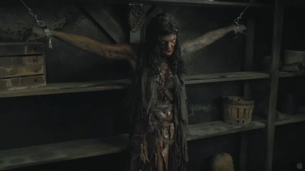 Pollyanna McIntosh as the chained feral woman in The Woman (2011)