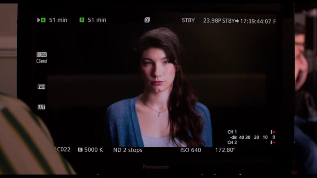 A camera monitor screen displaying a close-up interview shot of Gea Rose Henry as Velvet during a scene in Velvicide.