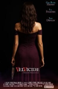 Official movie poster for Velvicide showing a woman in a dark purple off-the-shoulder dress holding a large knife behind her back.