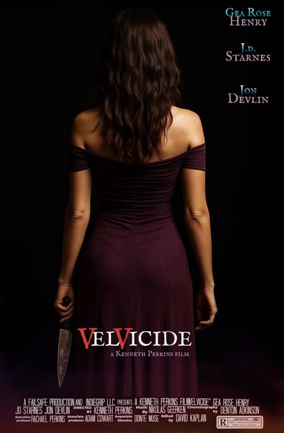 Official movie poster for Velvicide showing a woman in a dark purple off-the-shoulder dress holding a large knife behind her back.