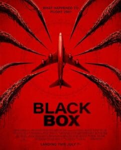 Official movie poster for Black Box featuring a red commercial airplane surrounded by large, bloody tentacles under the tagline What Happened to Flight 298.