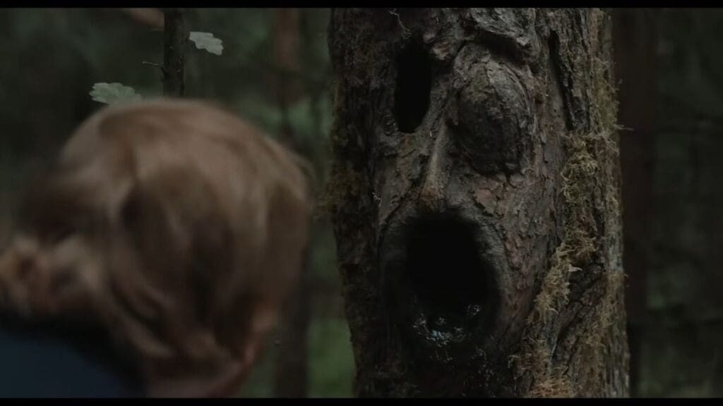 A person looking closely at a carved, hollow face in a weathered tree trunk in the Finnish forest in Nightborn.