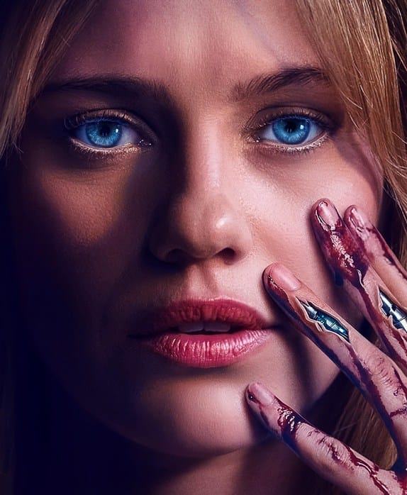 Featured image for the Soulm8te ending explained article showing a close-up of Lily Sullivan with blue eyes and a bloody mechanical hand.