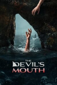 Featured header image for The Devil's Mouth ending explained showing a hand reaching out of water inside a cave toward another reaching down from a rock edge while a shark fin lurks nearby.
