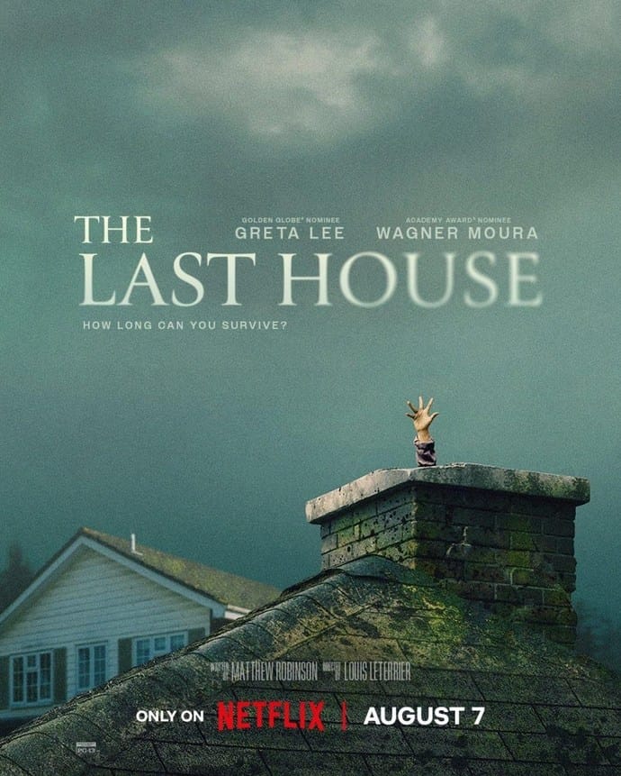 Official movie poster for The Last House featuring a hand reaching out of a rooftop brick chimney beneath a gloomy, overcast sky.