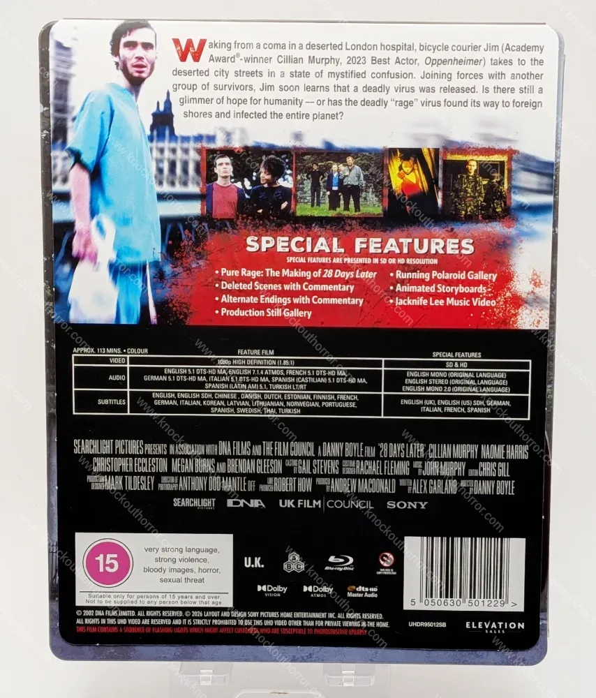 Rear J-card of the 28 Days Later UK 4K steelbook showing special features, movie blurb, and technical specifications listing the 1080p misprint.