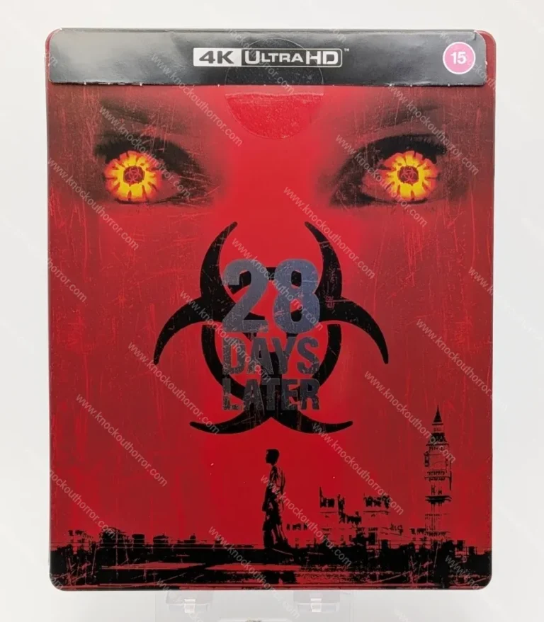 Front of the 28 Days Later 4K steelbook with paper J-card header attached over the red rage eyes and biohazard artwork.