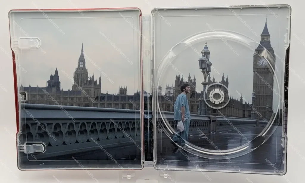 Inside spread of the 28 Days Later 4K steelbook with disc removed, showing the panoramic view of Jim walking across an empty Westminster Bridge towards Big Ben.