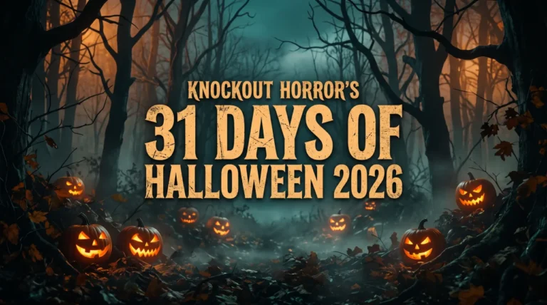 A wide-angle, horizontal image of a dark and misty forest at night. In the center, there is a large, bold, distressed font that reads "KNOCKOUT HORROR'S" at the top and below it, in larger letters, "31 DAYS OF HALLOWEEN 2026". In the foreground on the ground, scattered among fallen leaves, are multiple glowing carved pumpkins with scary faces. There is a path leading into the forest behind the text, and bare, gnarled trees surround it on all sides. The lighting is low and moody, with a strong orange glow from the pumpkins and a cool, blue mist in the background.