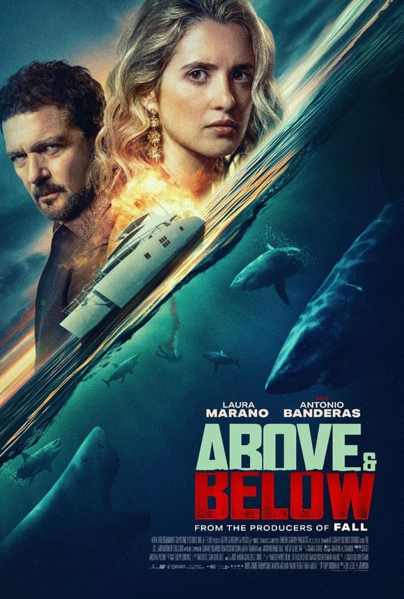 Official movie poster for Above and Below featuring Laura Marano, Antonio Banderas, a yacht, and lurking sharks split diagonally.