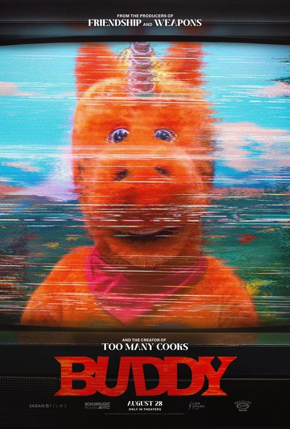 Official movie poster for Buddy featuring a distorted VHS scan-line image of an orange mascot unicorn on a television screen.