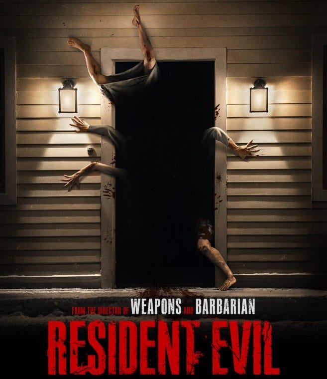 Official movie poster for Zach Cregger's Resident Evil showing grotesque mutated human limbs and hands emerging from a dark doorway set into a lit suburban porch.