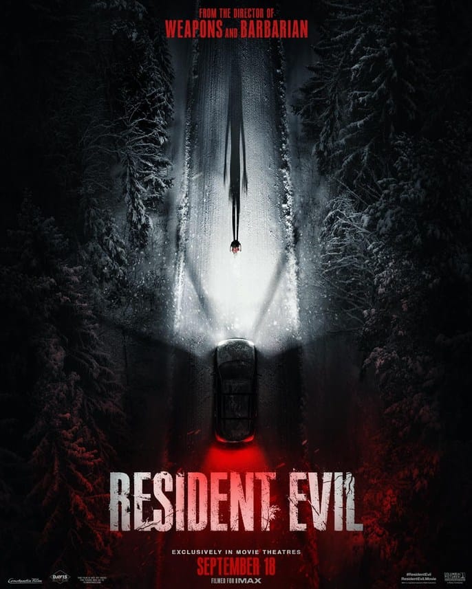 Official theatrical movie poster for Resident Evil showing headlights cutting through a dark snowy road toward an elongated shadow.