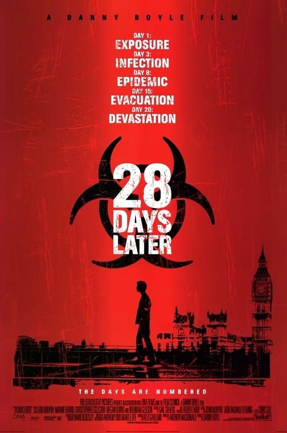 Official movie poster for 28 Days Later featuring a biohazard symbol above Jim's silhouette and a deserted London skyline in deep red.