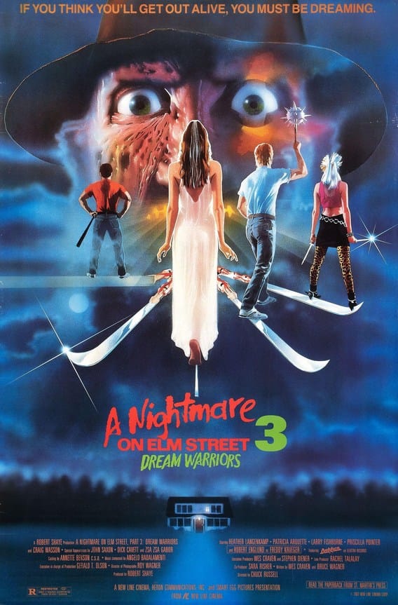 Official movie poster for A Nightmare on Elm Street 3: Dream Warriors showing teenage warriors walking across Freddy Krueger's finger-blades beneath his giant menacing face.