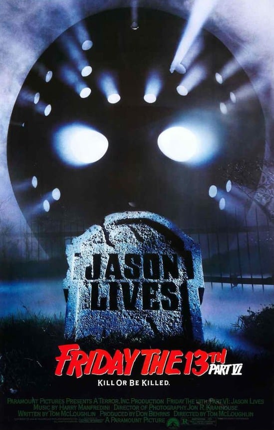Official movie poster for Friday the 13th Part VI: Jason Lives showing a glowing hockey mask looming over an engraved headstone in a cemetery.