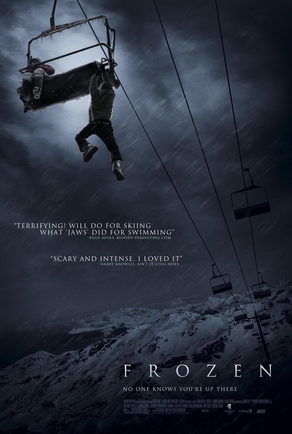 Official movie poster for Frozen showing a skier dangling desperately from a high ski chairlift above snowy mountains.