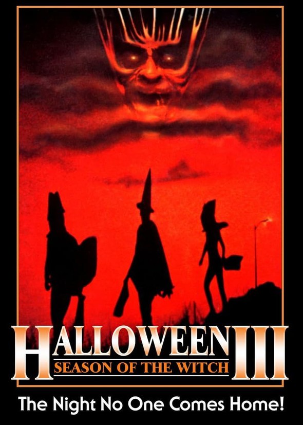 Official movie poster for Halloween III: Season of the Witch featuring three silhouetted trick-or-treaters beneath an ominous red sky and a demonic glowing face.