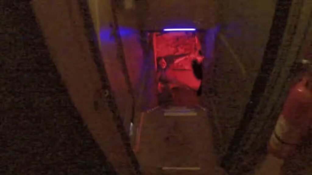 Looking down a dark staircase lit with red and blue ambient lighting in Hell House LLC.