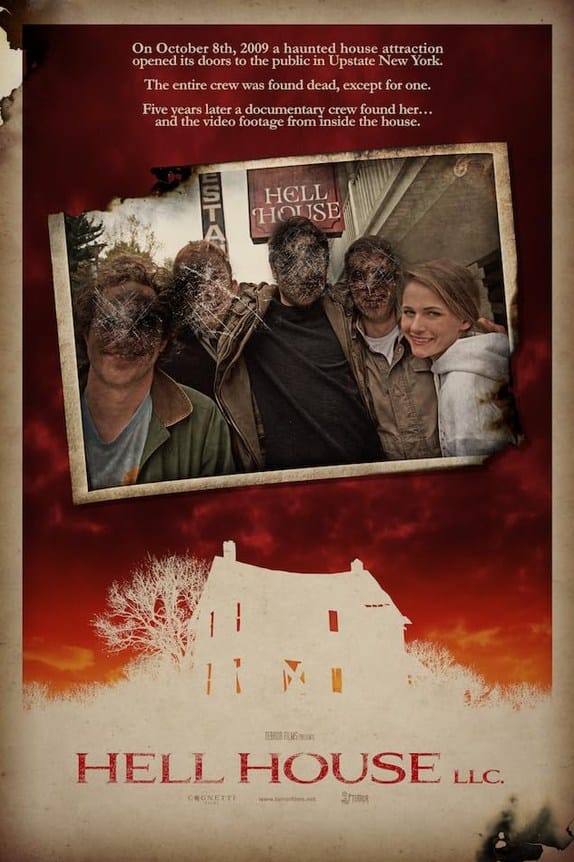 Official movie poster for Hell House LLC featuring an old photograph of the haunt crew with scratched-out faces above a silhouette of the haunted hotel.