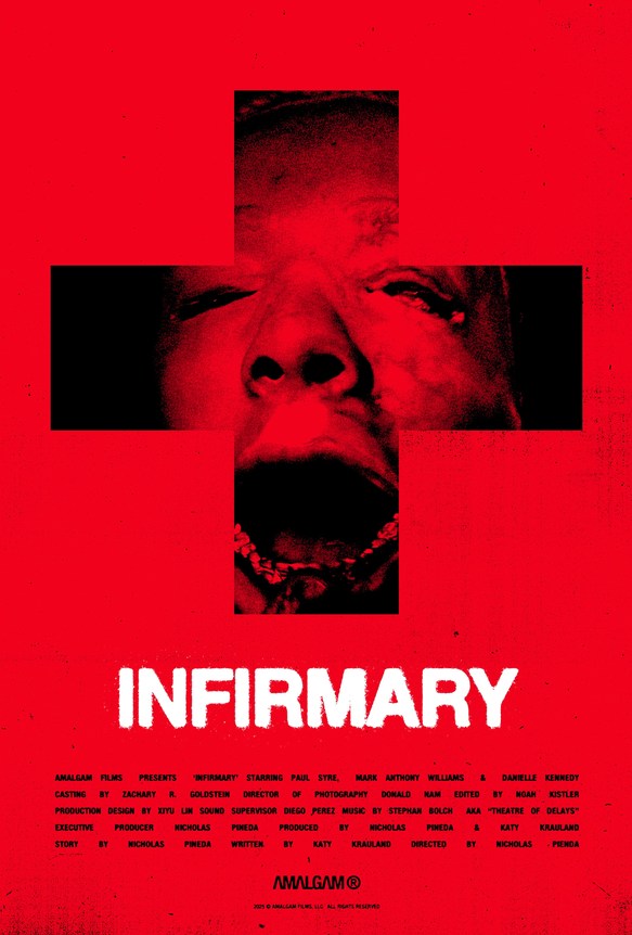 Official movie poster for Infirmary featuring a red medical cross cutout revealing a screaming face.