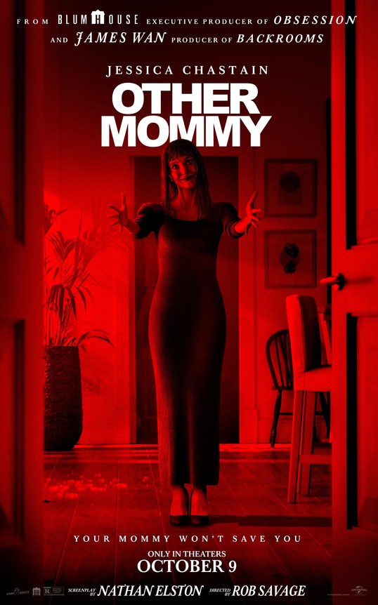 Official movie poster for Other Mommy featuring Jessica Chastain standing in a hallway bathed in red light with her arms outstretched.