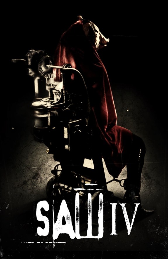 Official movie poster for Saw IV featuring a figure wearing a pig mask sitting next to a complex mechanical trap.
