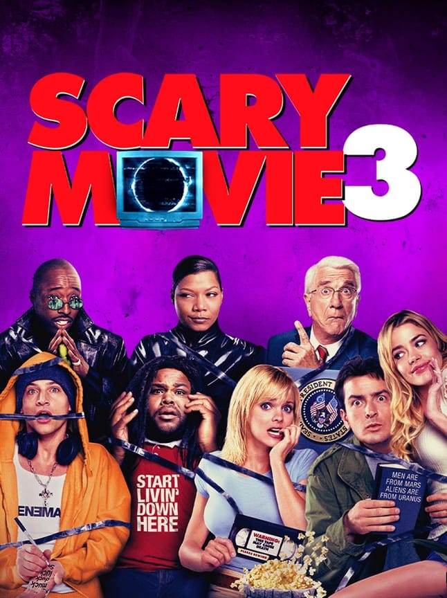 Official movie poster for Scary Movie 3 featuring Anna Faris, Charlie Sheen, Leslie Nielsen, and the ensemble cast tangled in videotape.
