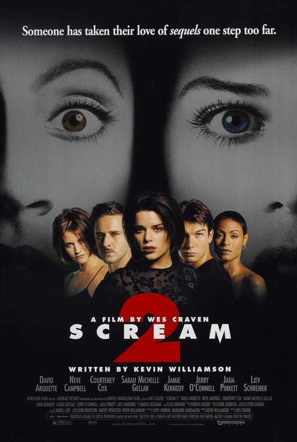 Official movie poster for Scream 2 featuring the ensemble cast beneath a giant pair of watching eyes and the tagline 'Someone has taken their love of sequels one step too far'.