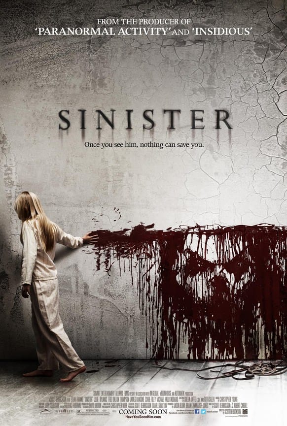 Official movie poster for Sinister showing a girl painting a grinning demonic face in blood across a stone wall.