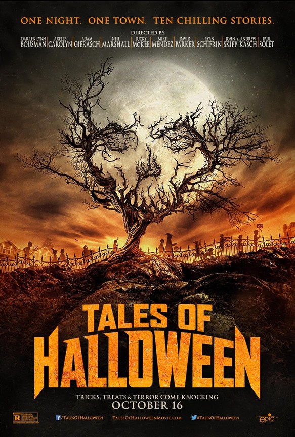 Official movie poster for Tales of Halloween featuring a gnarled dead tree shaped like a skull against a glowing full moon with silhouetted trick-or-treaters below.