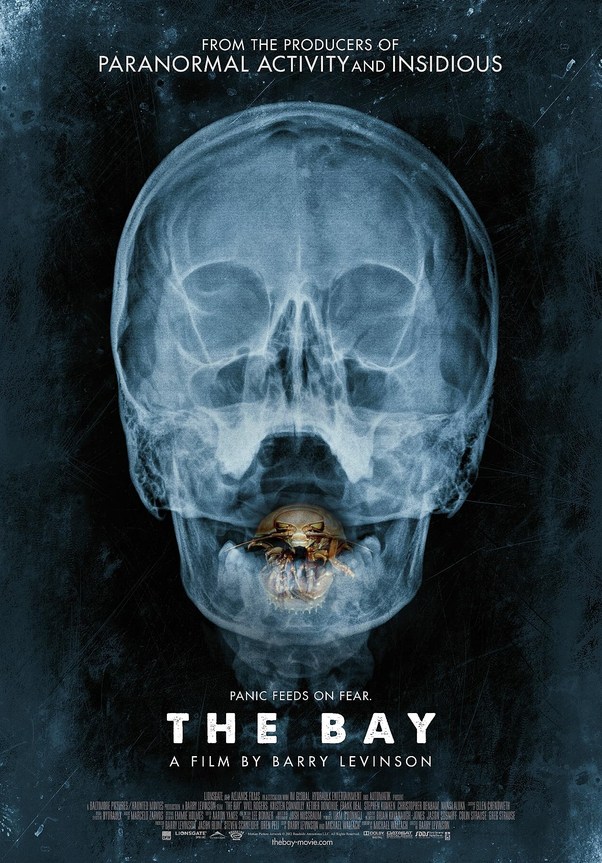 Official movie poster for The Bay featuring an X-ray of a human skull with a parasitic isopod inside the mouth.