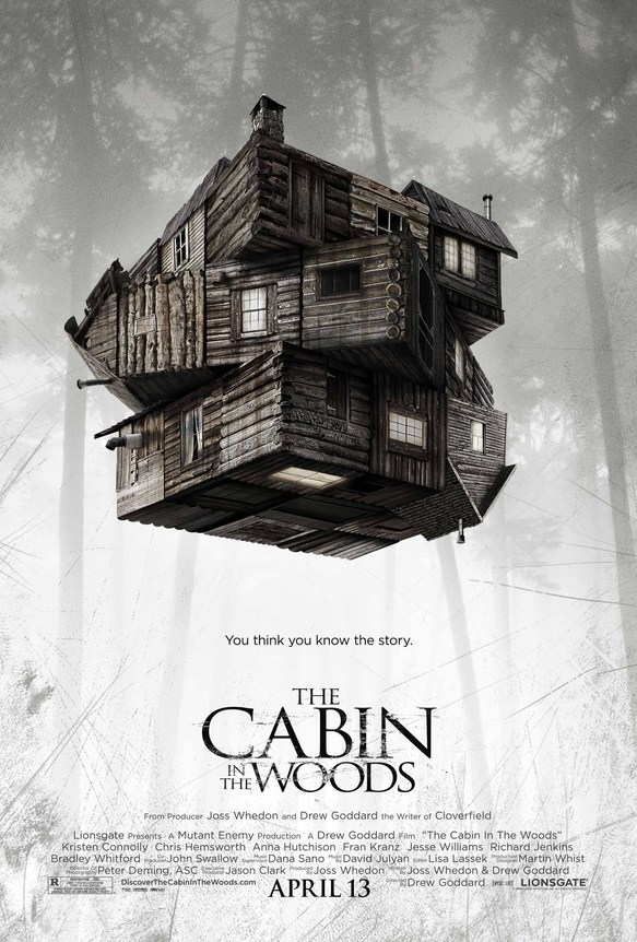 Official theatrical poster for The Cabin in the Woods featuring a surreal wooden cabin twisting like a Rubik's cube in a foggy forest.