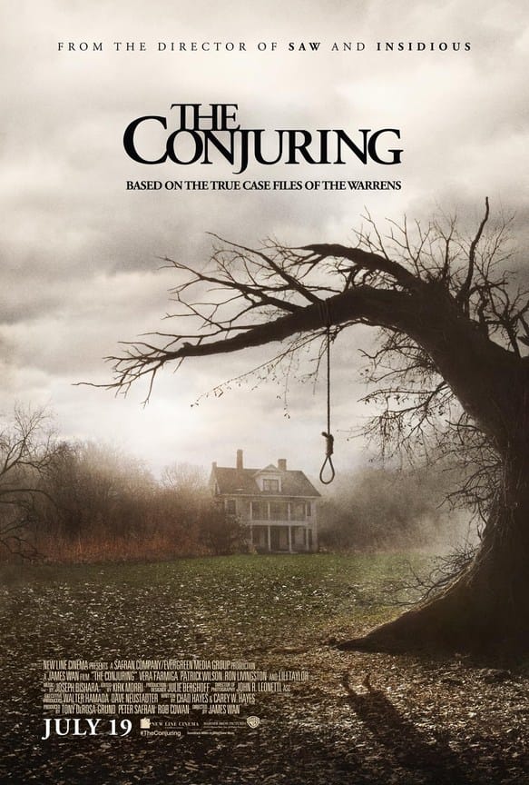 Official movie poster for The Conjuring showing a noose hanging from a gnarled tree in front of a secluded farmhouse.