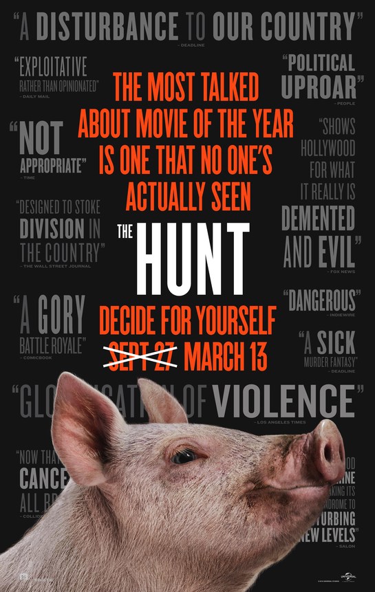 Official movie poster for The Hunt featuring a pig surrounded by real critical controversy headlines and quote excerpts.