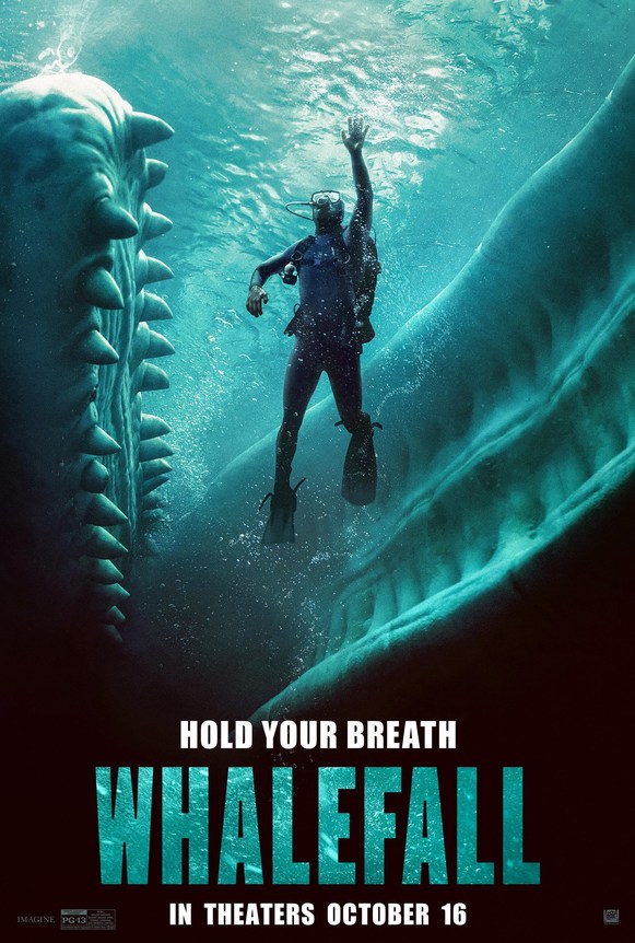 Official movie poster for Whalefall featuring a scuba diver suspended between the massive open jaws of a sperm whale.