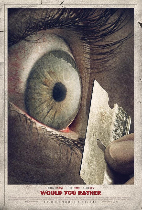 Official movie poster for Would You Rather featuring an extreme close-up of a wide open eye with a razor blade held right next to the eyeball.